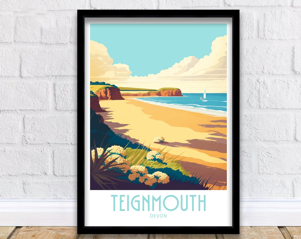 Teignmouth Devon Golden Sands Beach Cliffs Retro Travel Poster
