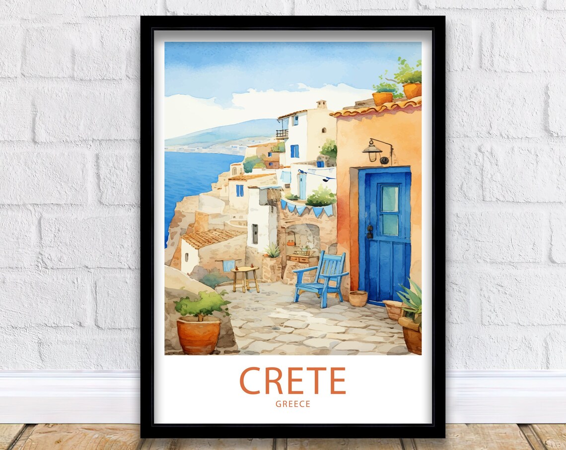 Crete Greece Courtyard Blue Doors Sea View Watercolor Poster