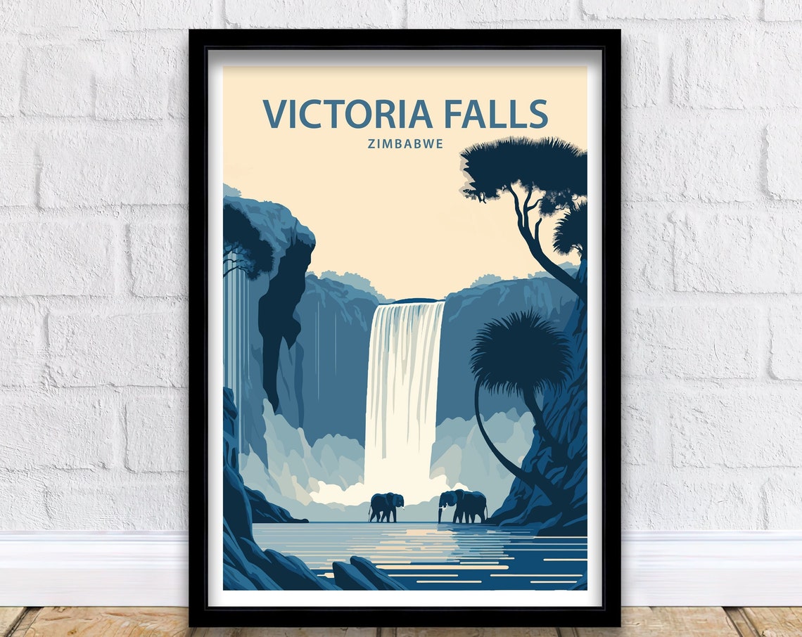 Victoria Falls Zimbabwe Elephants Waterfall African Travel Poster