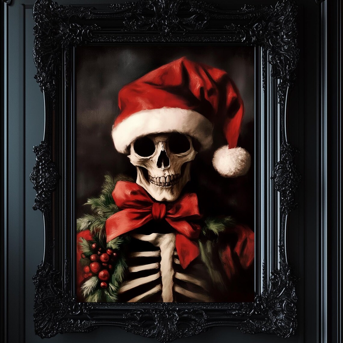 Christmas Skeleton Portrait, Gothic Christmas Art Print