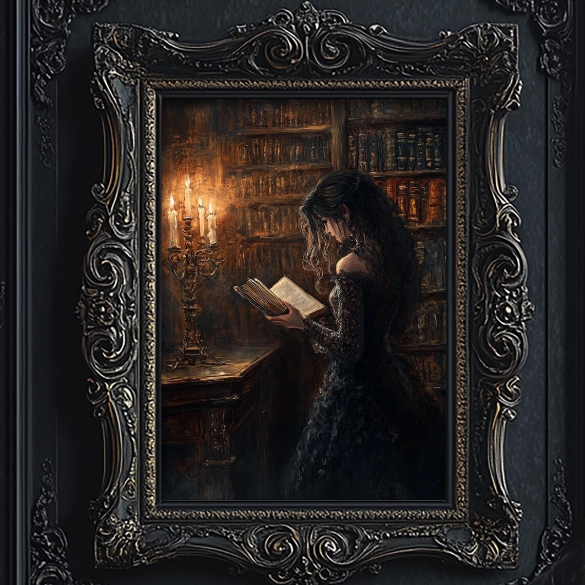 Victorian Woman Reading Library Art Print