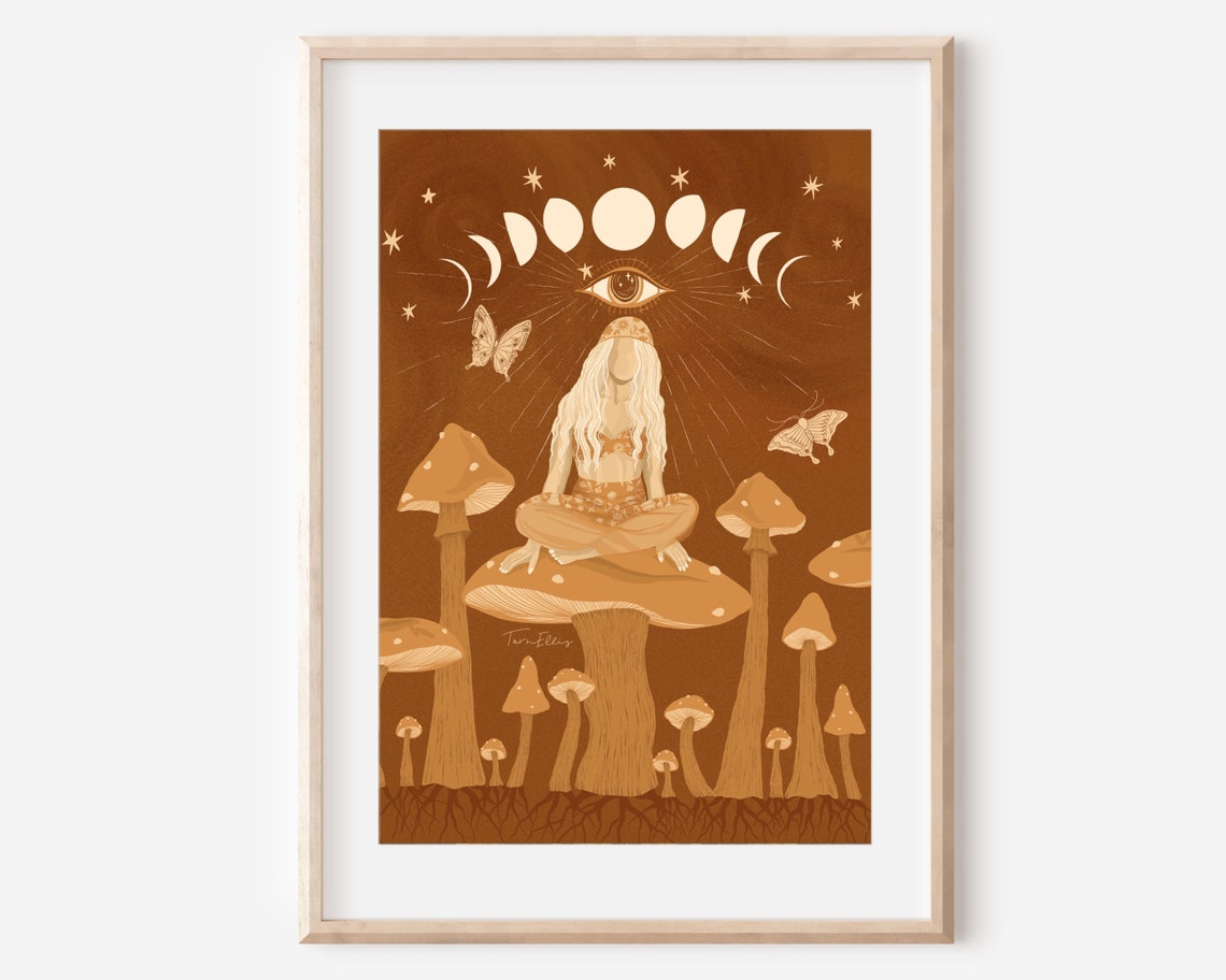 Moon Phases Retro Mushroom Meditation Third Eye Spiritual Poster