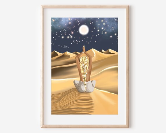 Woman Meditating On Desert Dunes Under Full Moon Night Poster