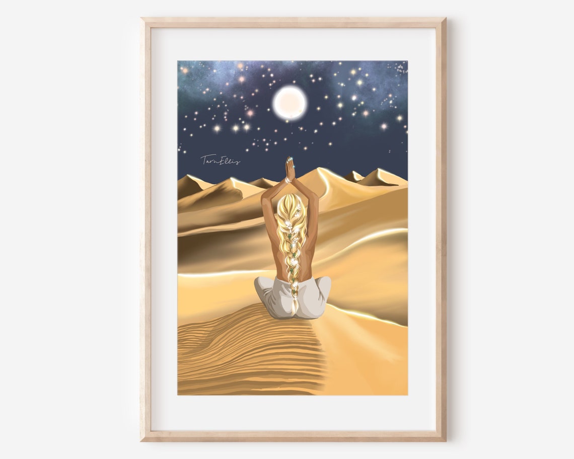 Woman Meditating On Desert Dunes Under Full Moon Night Poster