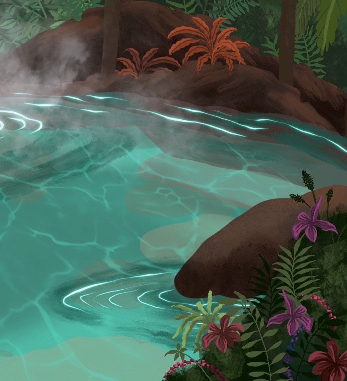 Moonlit Waterfall Woman Bathing Jungle Starry Night Nature Poster - Image 3