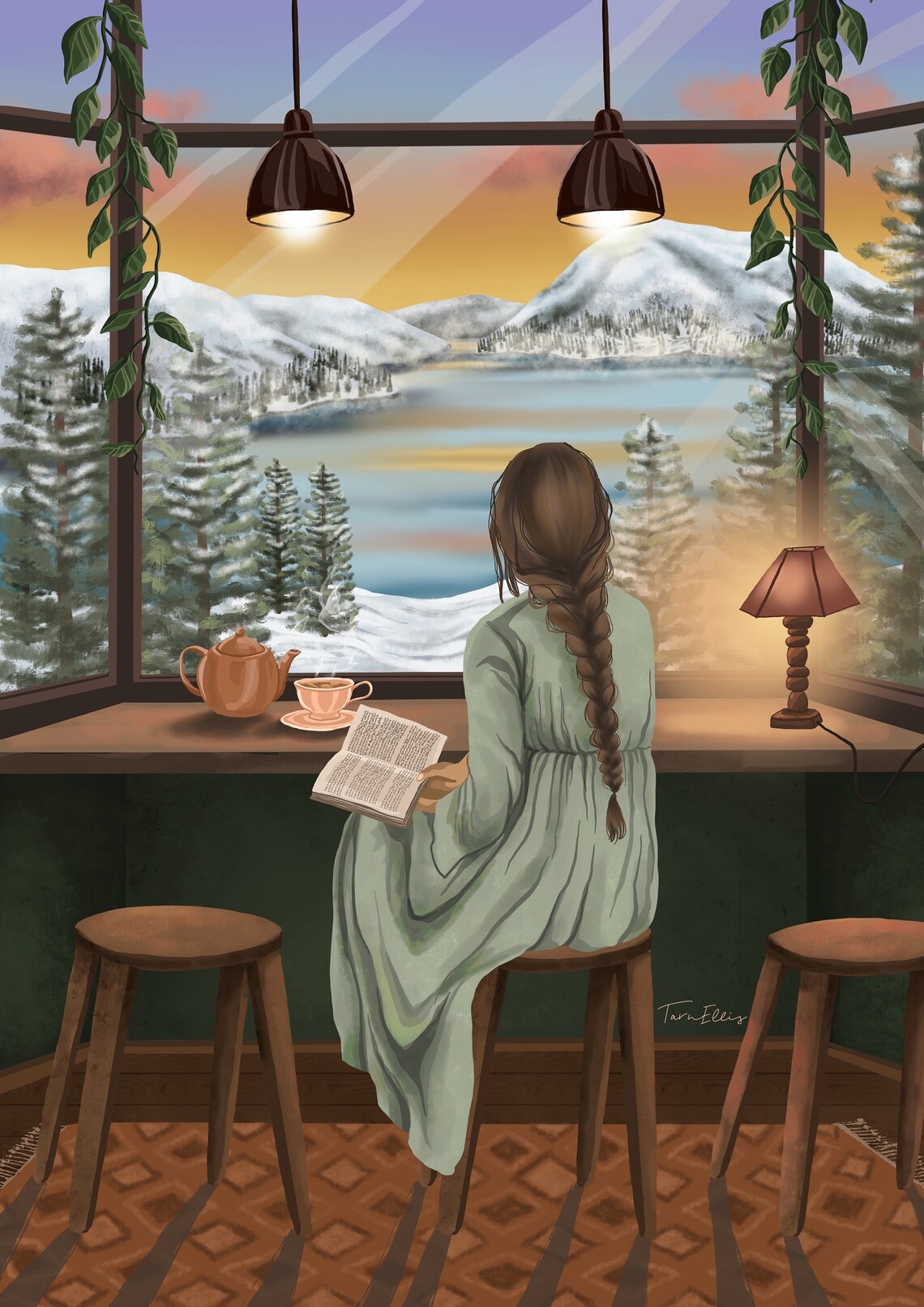 Romanticism Cozy Cafe Girl Reading Art Print - Image 3