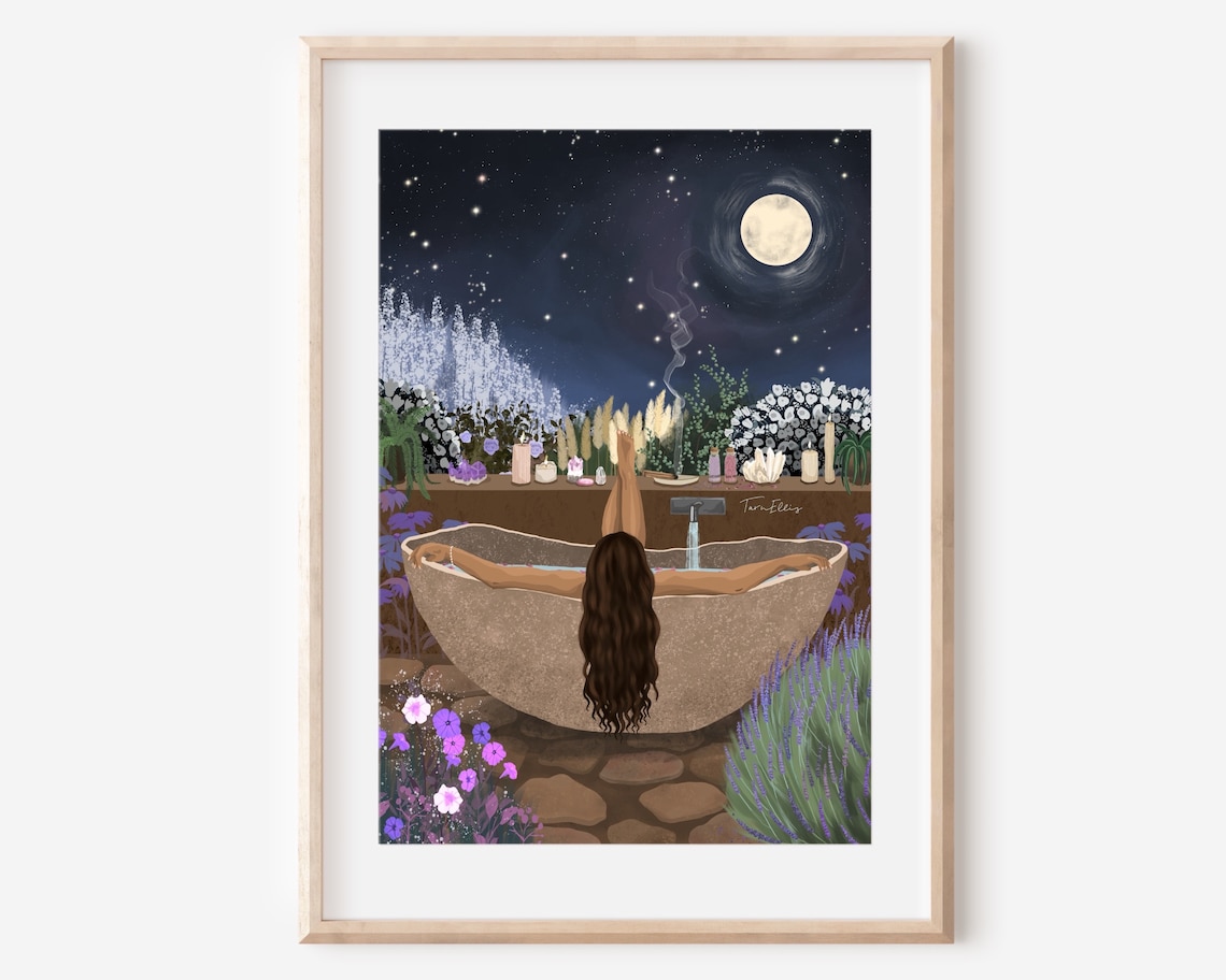 Tranquility Bath Art Print, Ethereal Floral Moon