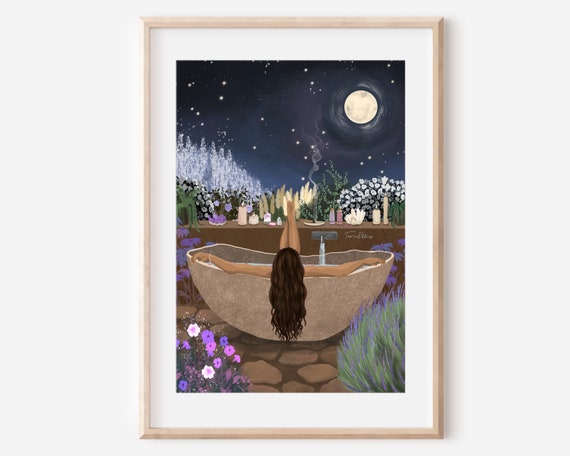 Tranquility Bath Art Print, Ethereal Floral Moon