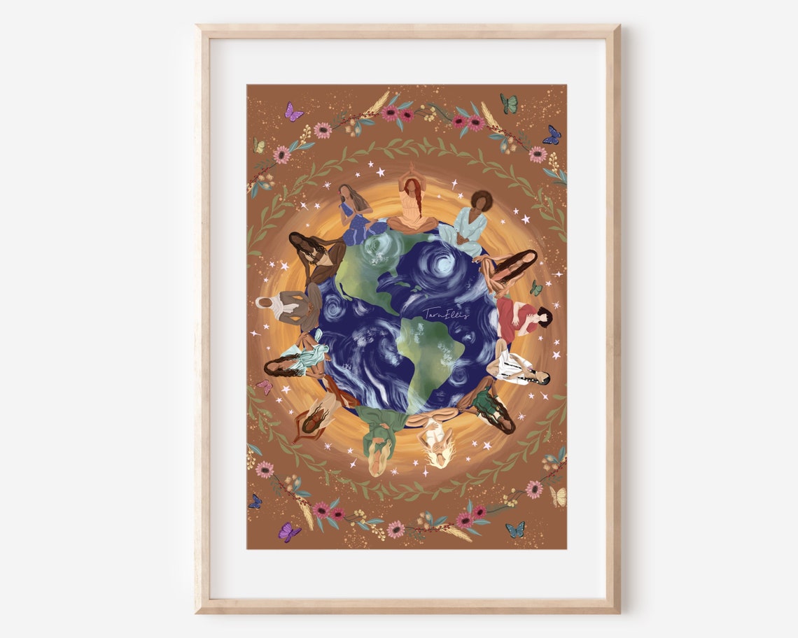 Earth Day Women Around Planet Earth Floral Garland Unity Poster