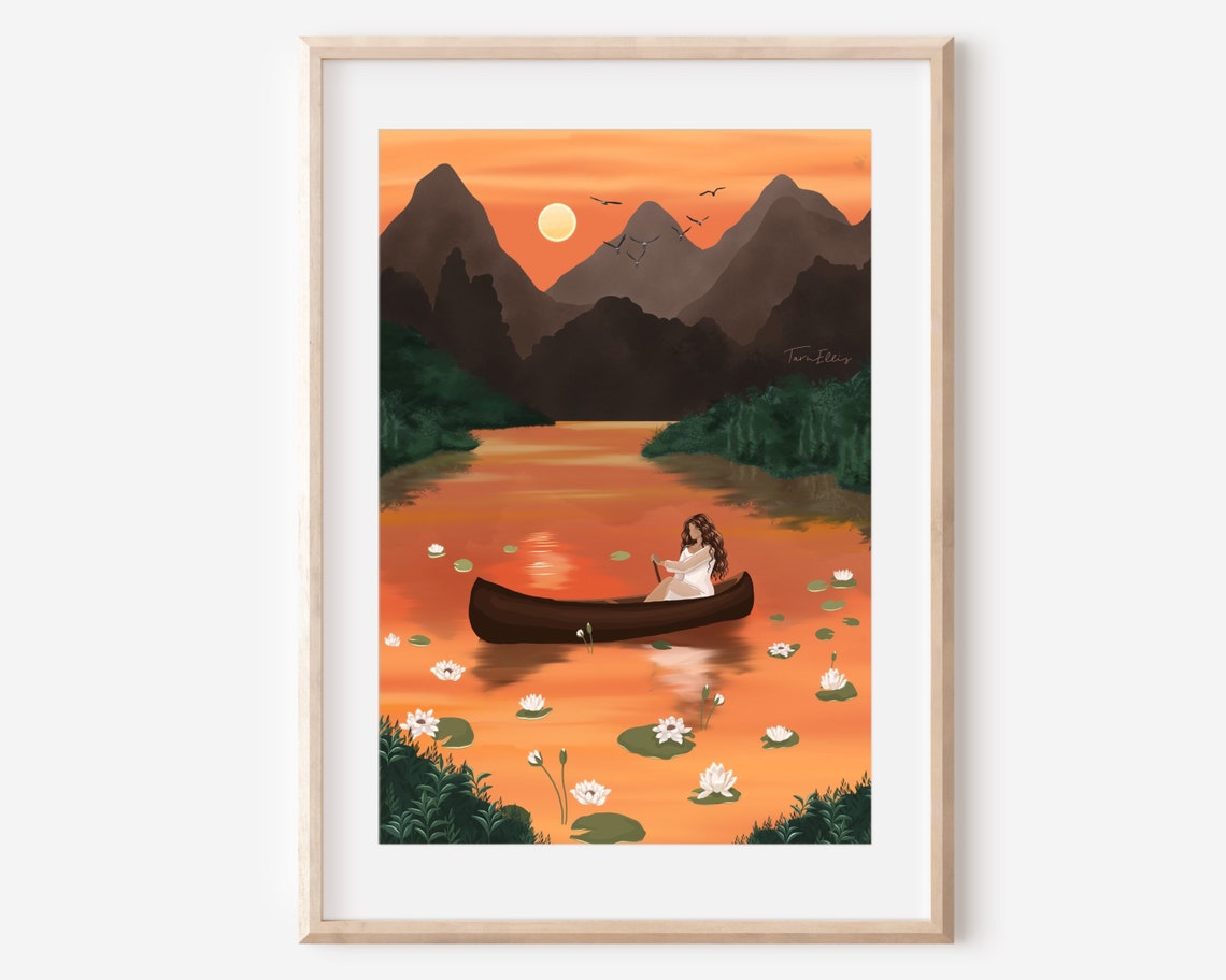 Sunset Canoe Solitude Journey Orange Mountain Lake Wanderlust Poster