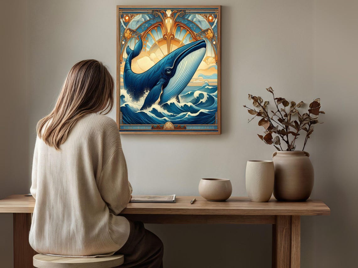 Art Nouveau Blue Whale Breaching Stylized Ocean Waves Art Poster - Image 5
