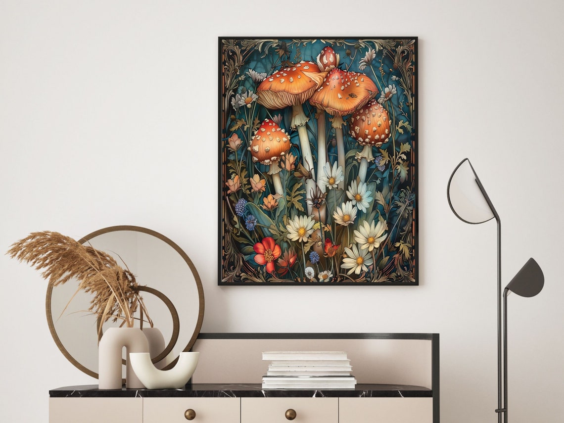 Red Fly Agaric Mushrooms Among Wildflowers Botanical Wall Poster - Image 4