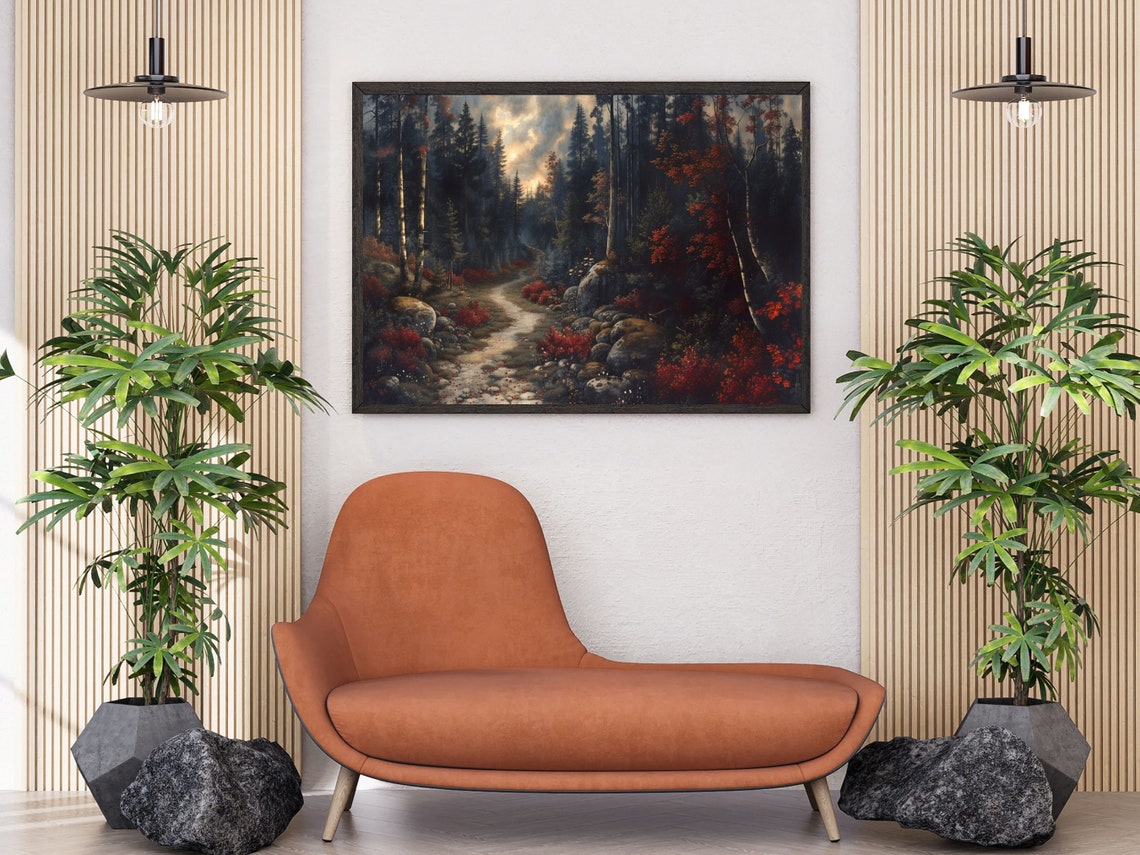 Moody Red Autumn Forest Path Through Dark Birch Woods Poster - Image 3