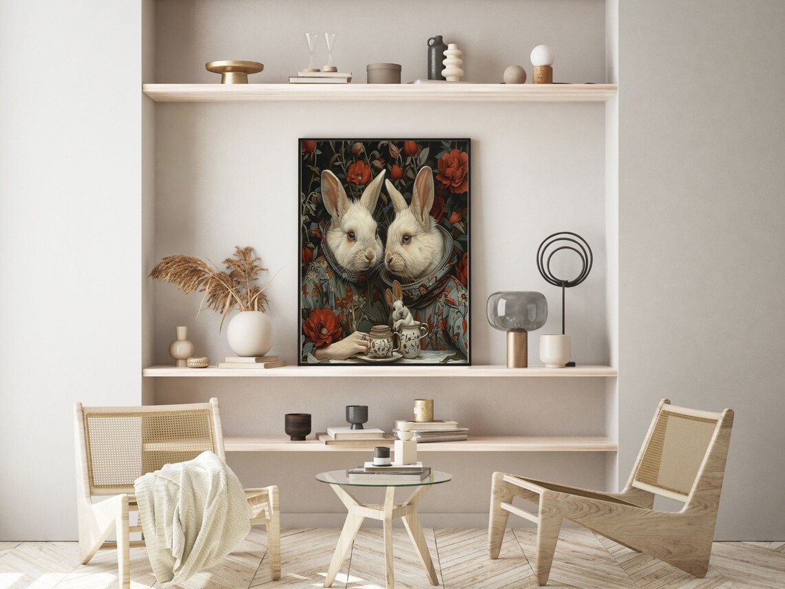 Two White Rabbits Sharing Tea Among Deep Red Roses Art Nouveau Wall Art - Image 6