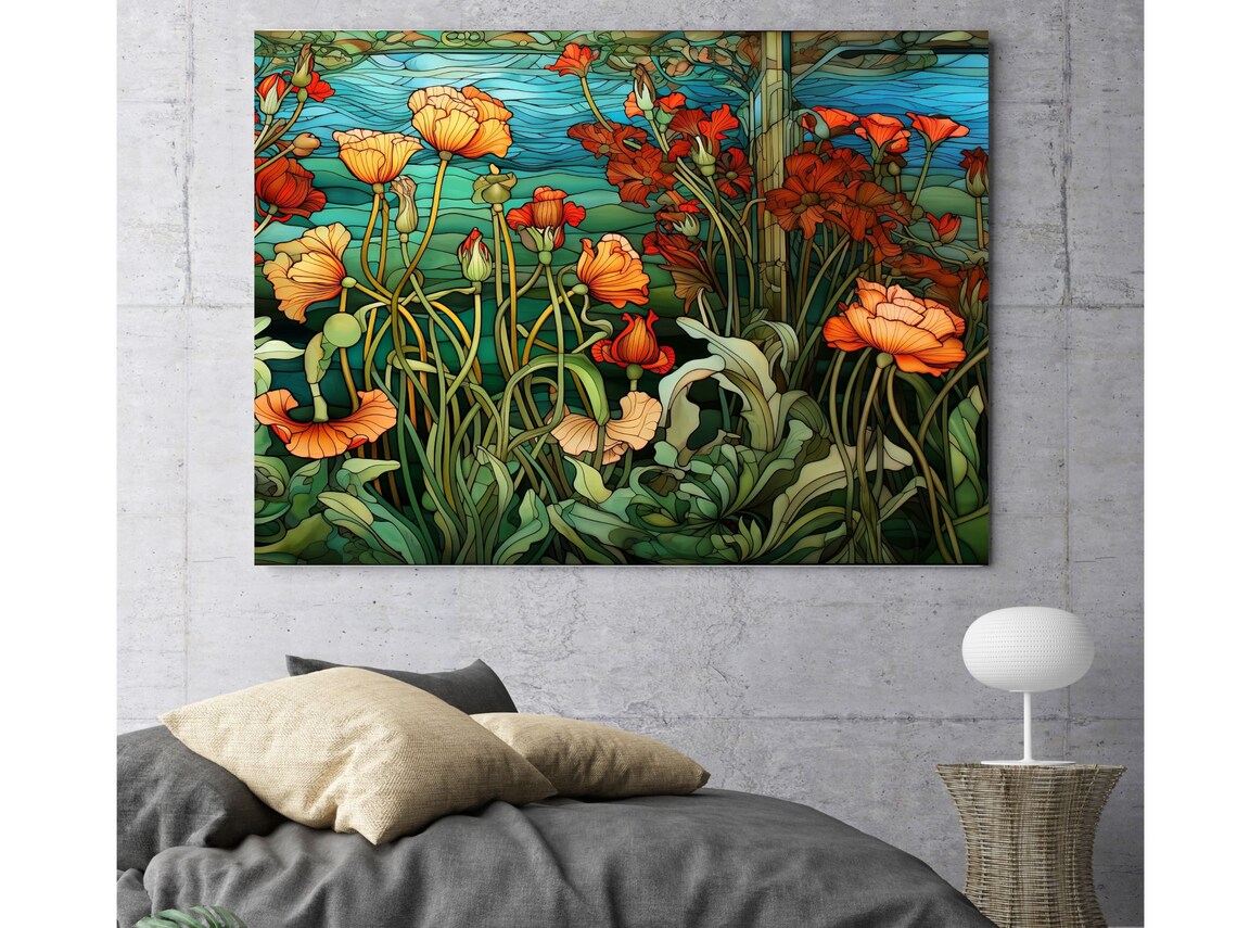 Stained Glass Poppy Field Orange Red Flowers Pond Floral Poster - Image 6