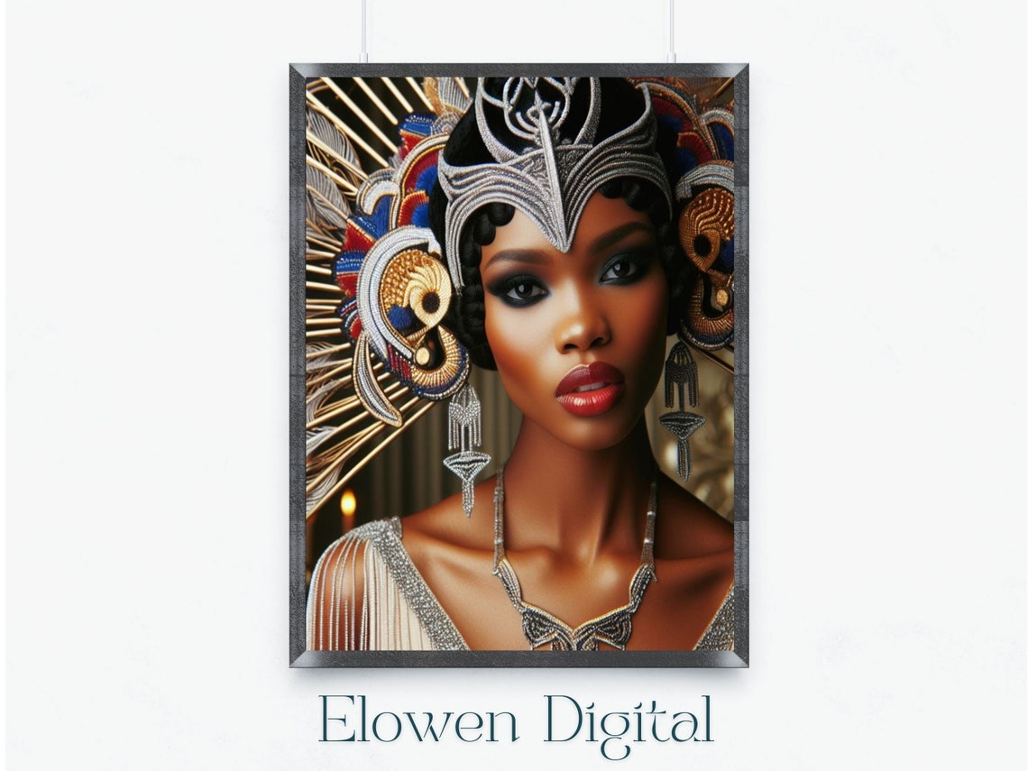 Art Deco Fantasy Woman With Silver And Red Ceremonial Headdress Poster