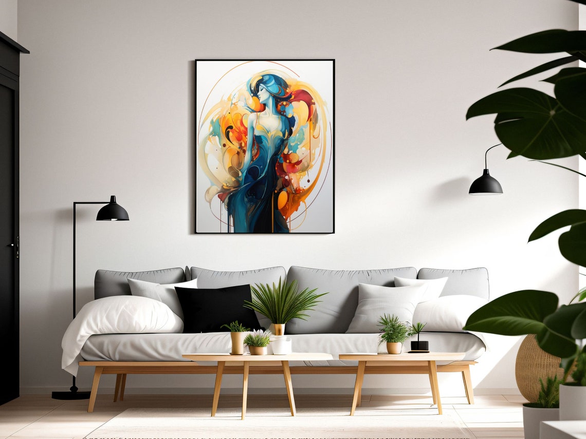 Art Nouveau Woman in Swirling Blue and Flame Orange Wall Poster - Image 4