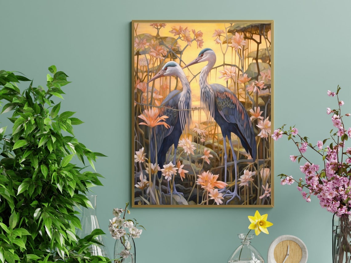 Two Herons Among Golden Blossoms at Sunset Wildlife Art Poster - Image 4