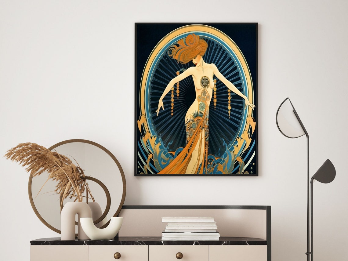 Theatrical Art Deco Erte Style Dancer Peacock Gown Fan Poster - Image 6