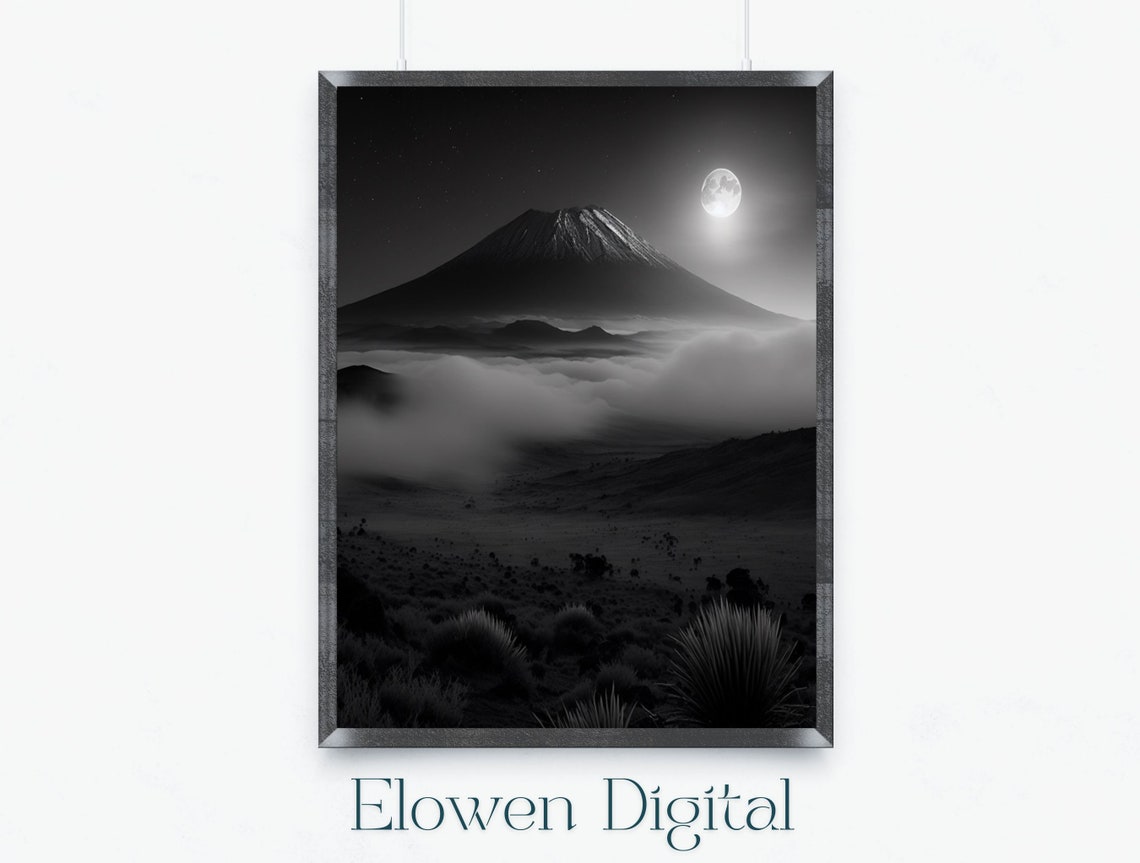 Black And White Full Moon Mountain Peak Rising Over Mist Poster
