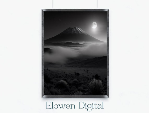 Black And White Prints Misty Mountain Wall Art Mountains Art Mount Kilimanjaro In The Moonlight