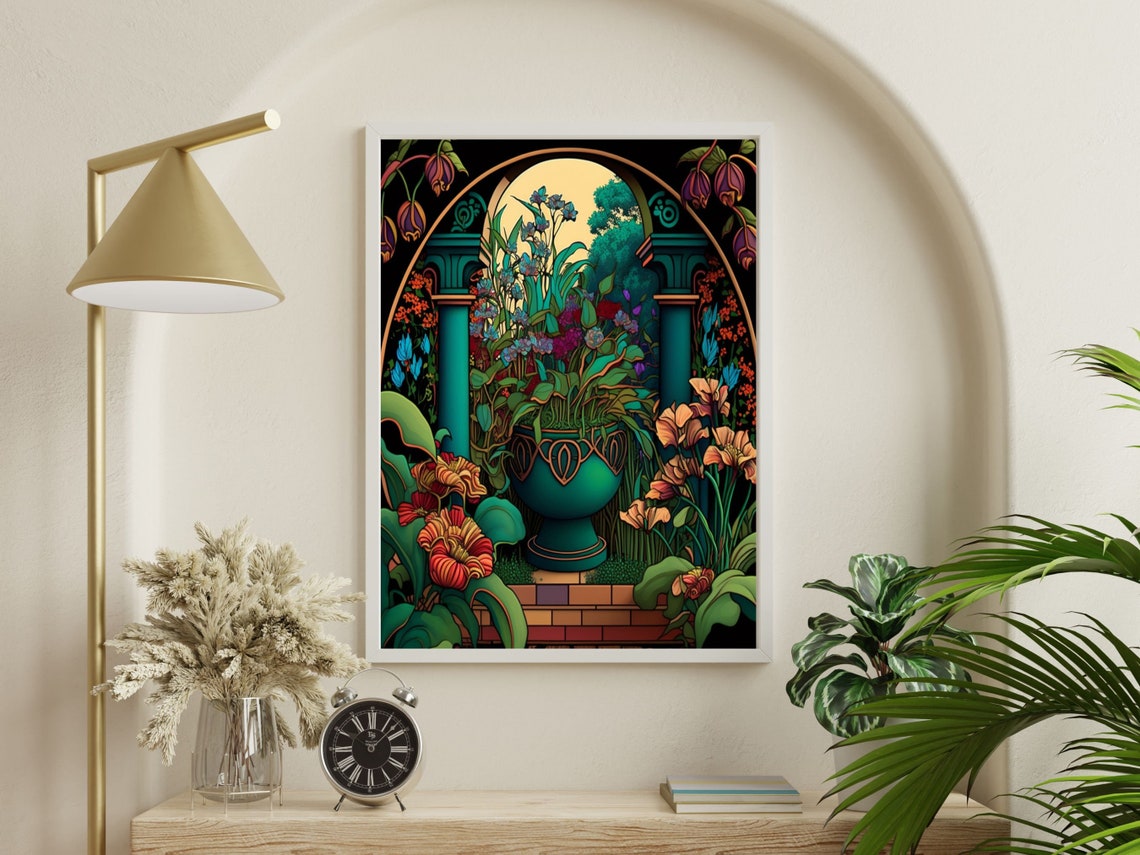 Art Nouveau Garden Urn Between Teal Columns at Dusk in Bloom Poster - Image 3