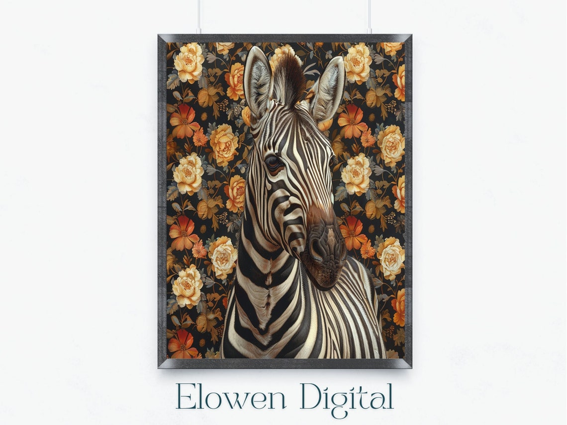 Zebra Portrait Against Dark William Morris Floral Backdrop Poster