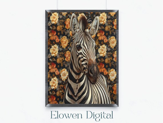 Zebra Portrait Against Dark William Morris Floral Backdrop Poster