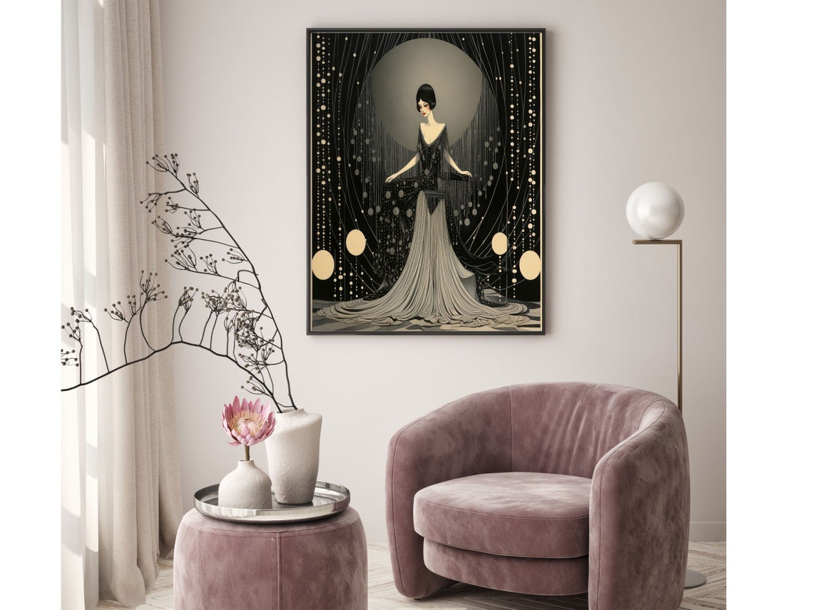 Art Deco Woman in Black Gown Under a Moonlit Night Sky Poster - Image 3