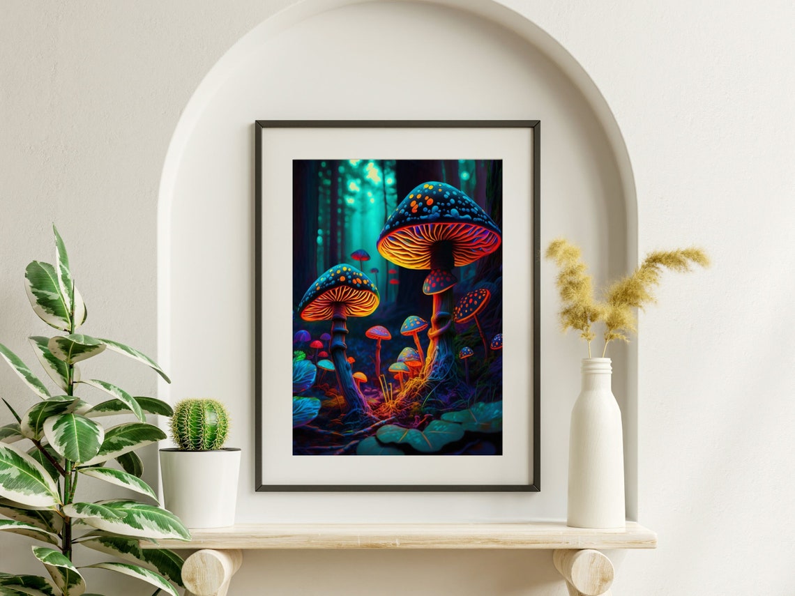 Neon Glow Mushrooms in Enchanted Teal Forest Fantasy Art Poster - Image 5