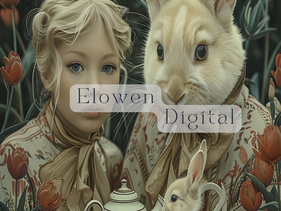 Blonde Girl And Tall White Rabbit Tulip Garden Tea Party Wall Art - Image 4