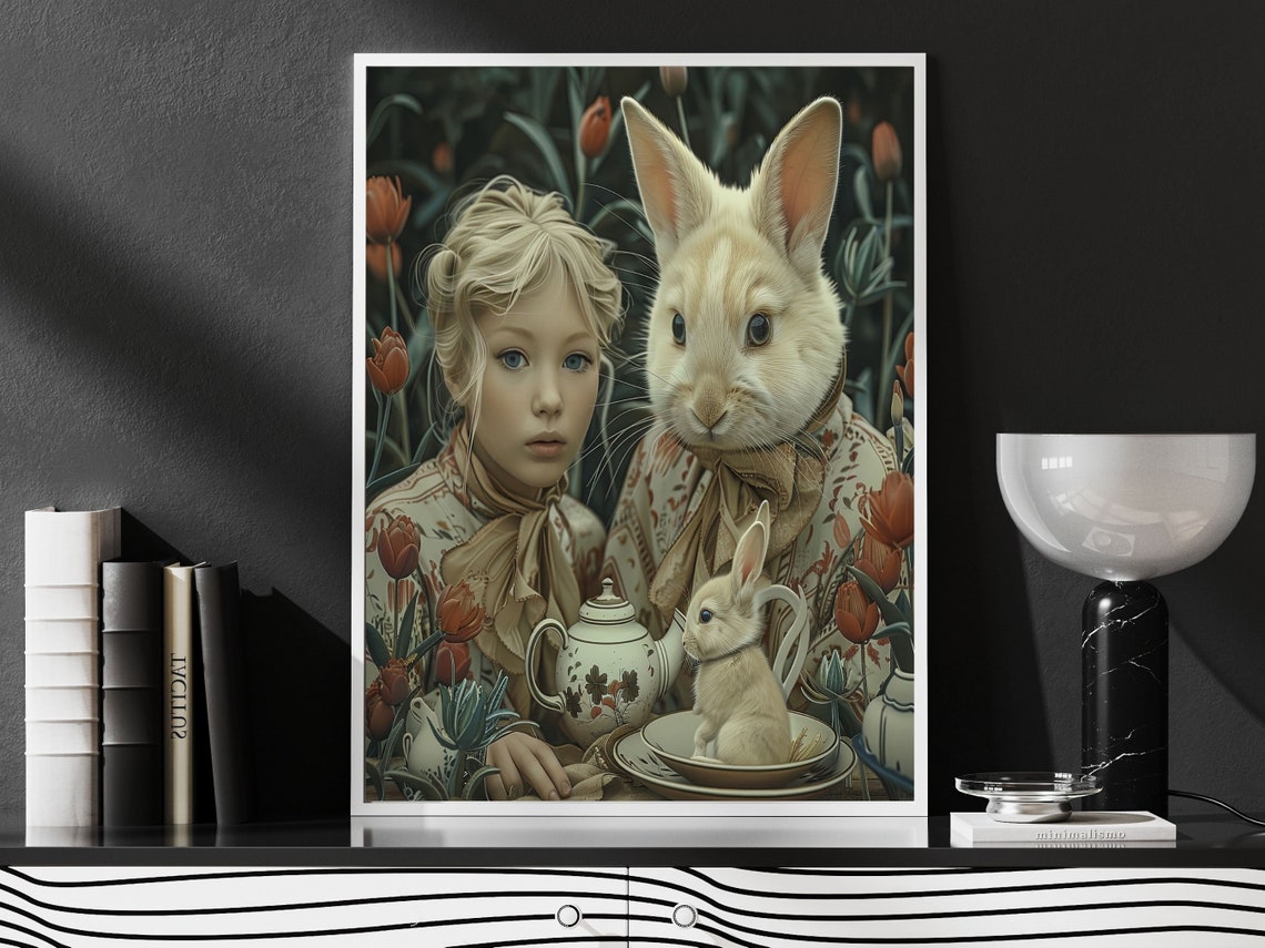 Blonde Girl And Tall White Rabbit Tulip Garden Tea Party Wall Art - Image 6