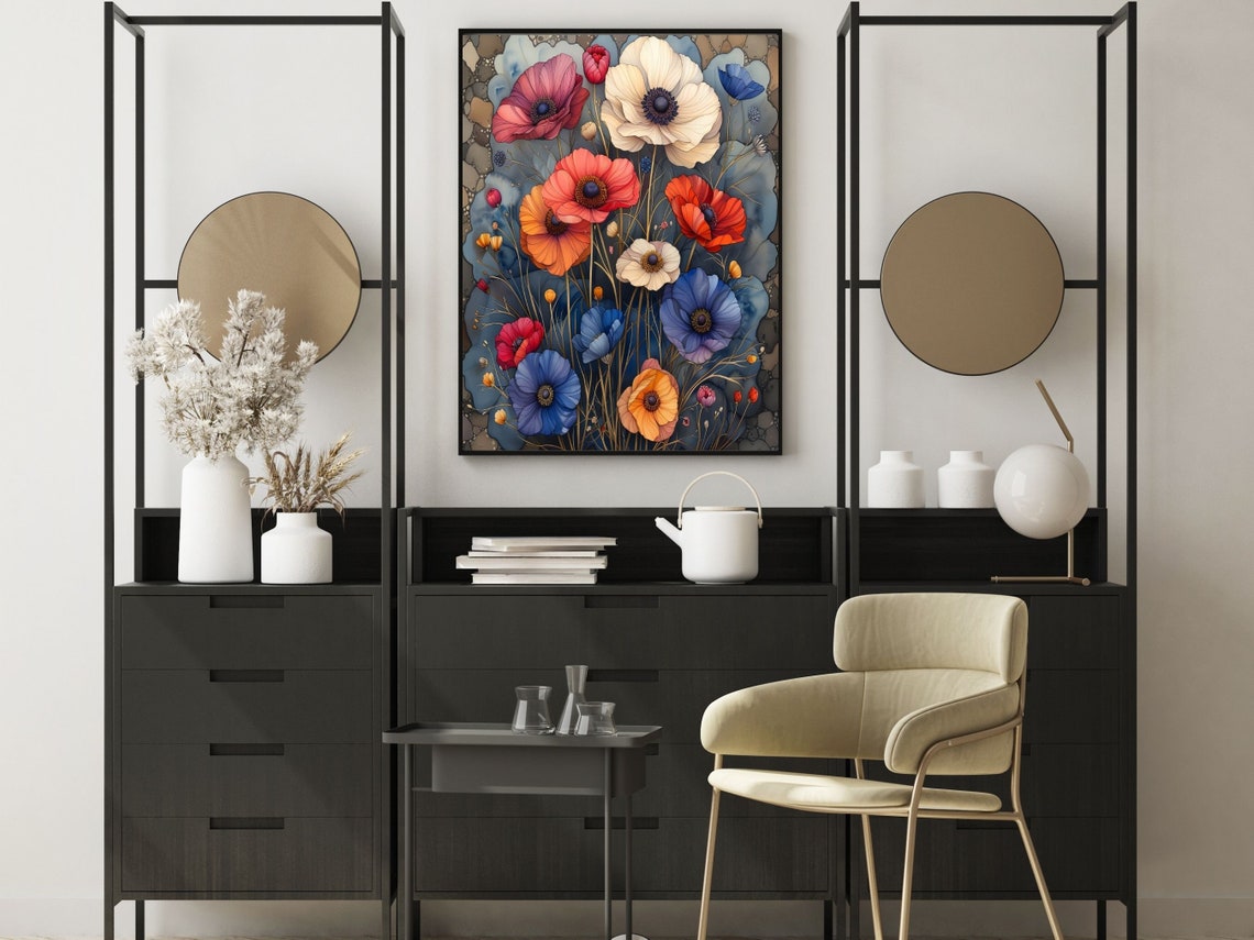 Red White and Blue Wildflowers Watercolor Botanical Wall Art - Image 3