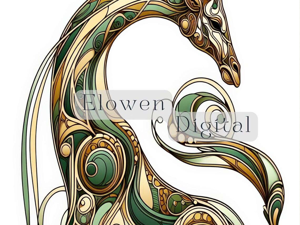 Sage Green and Gold Art Nouveau Giraffe Standing Portrait Poster - Image 6