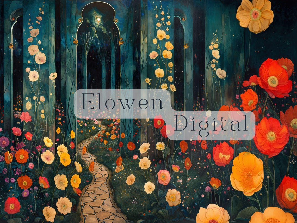 Art Nouveau Moonlit Flower Lane Through a Dark Garden at Night Poster - Image 6