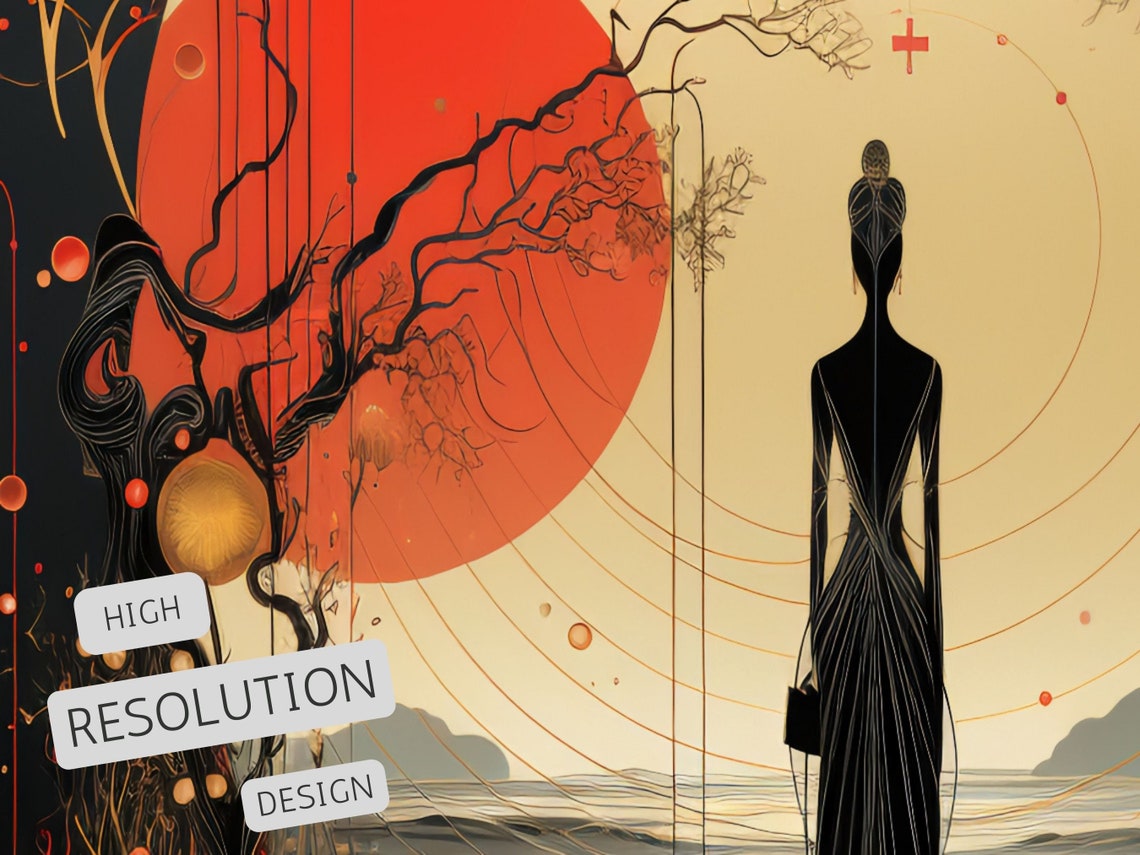 Art Nouveau Silhouette Woman Before Red Sun And Moonlight Poster - Image 3
