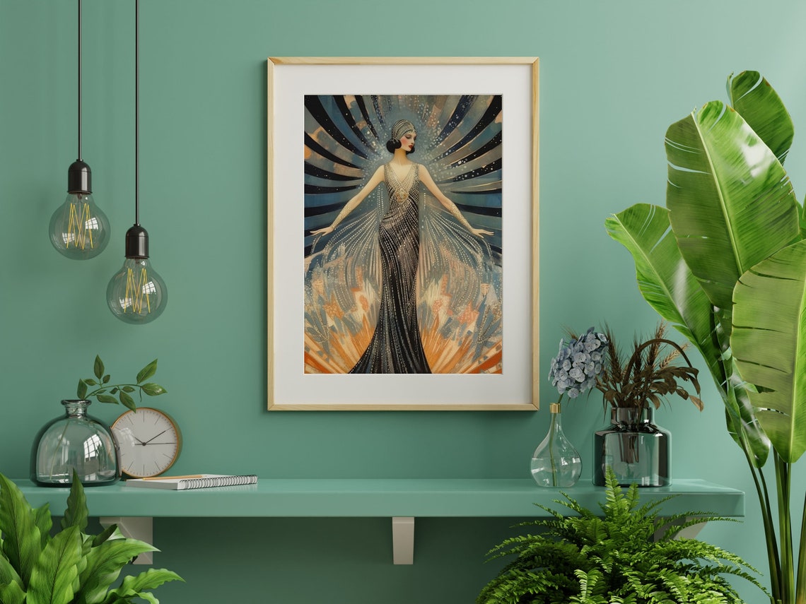 Vintage Erté Inspired Flapper in Beaded Gown with Starburst Poster - Image 4