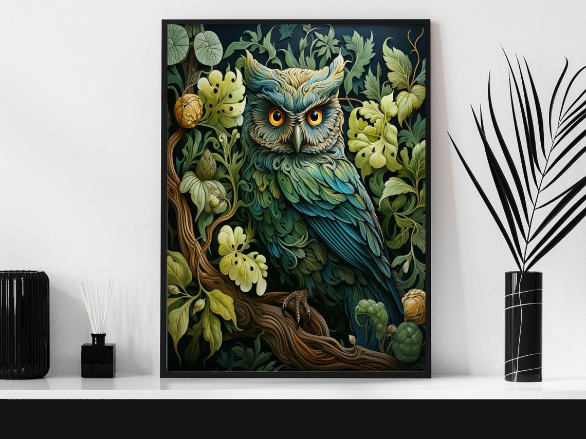 Charming William Morris Style Owl Botanical Garden Wall Poster - Image 6