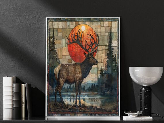 Dramatic Art Deco Elk Red Sunset Mosaic Forest Wildlife Wall Art