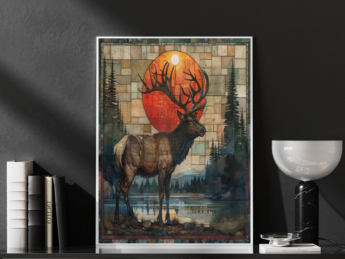 Dramatic Art Deco Elk Red Sunset Mosaic Forest Wildlife Wall Art