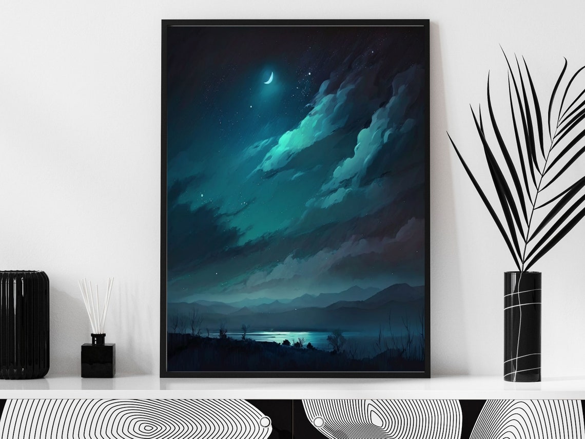 Starry Night Crescent Moon Over Mountain Lake Scenery Art Poster - Image 6