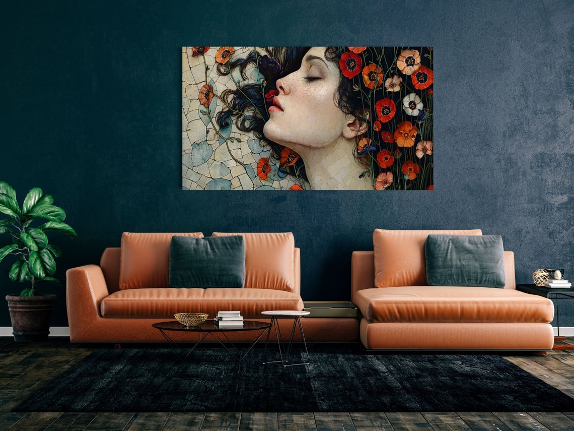 Mosaic Profile Woman Face With Red Poppies Floral Art Wall Art - Image 5
