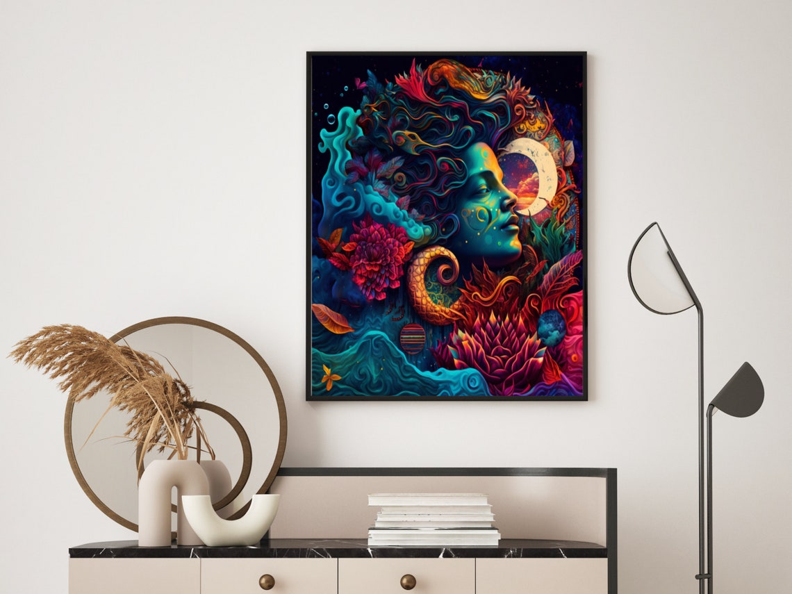 Gaia Earth Goddess Portrait with Moon and Ocean Waves Cosmic Poster - Image 4