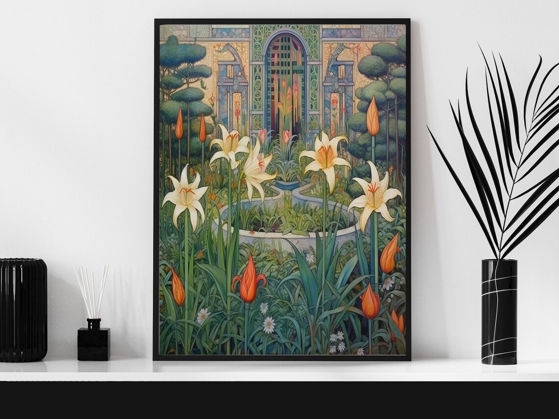 Tall White Lilies And Tulips In An Art Deco Garden Courtyard Wall Art - Image 6