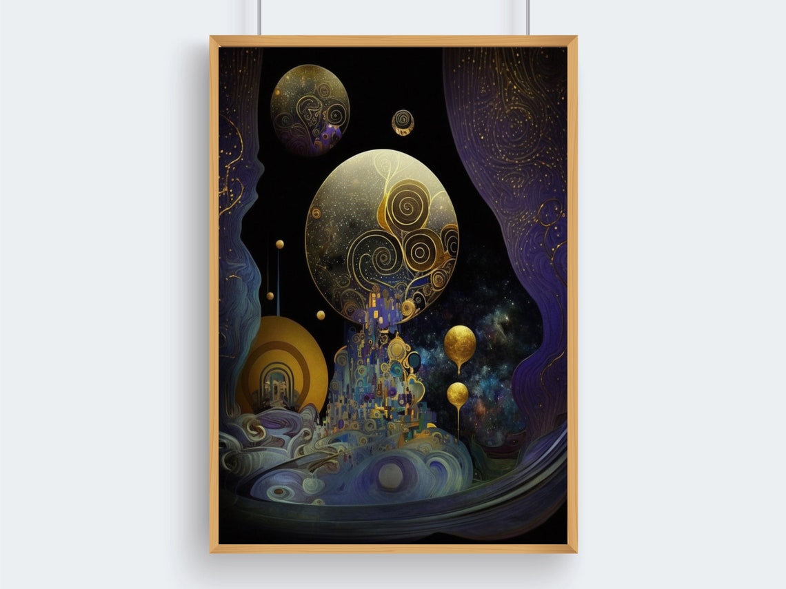 Indigo And Gold Abstract Space Art With Planets And Nebula Poster