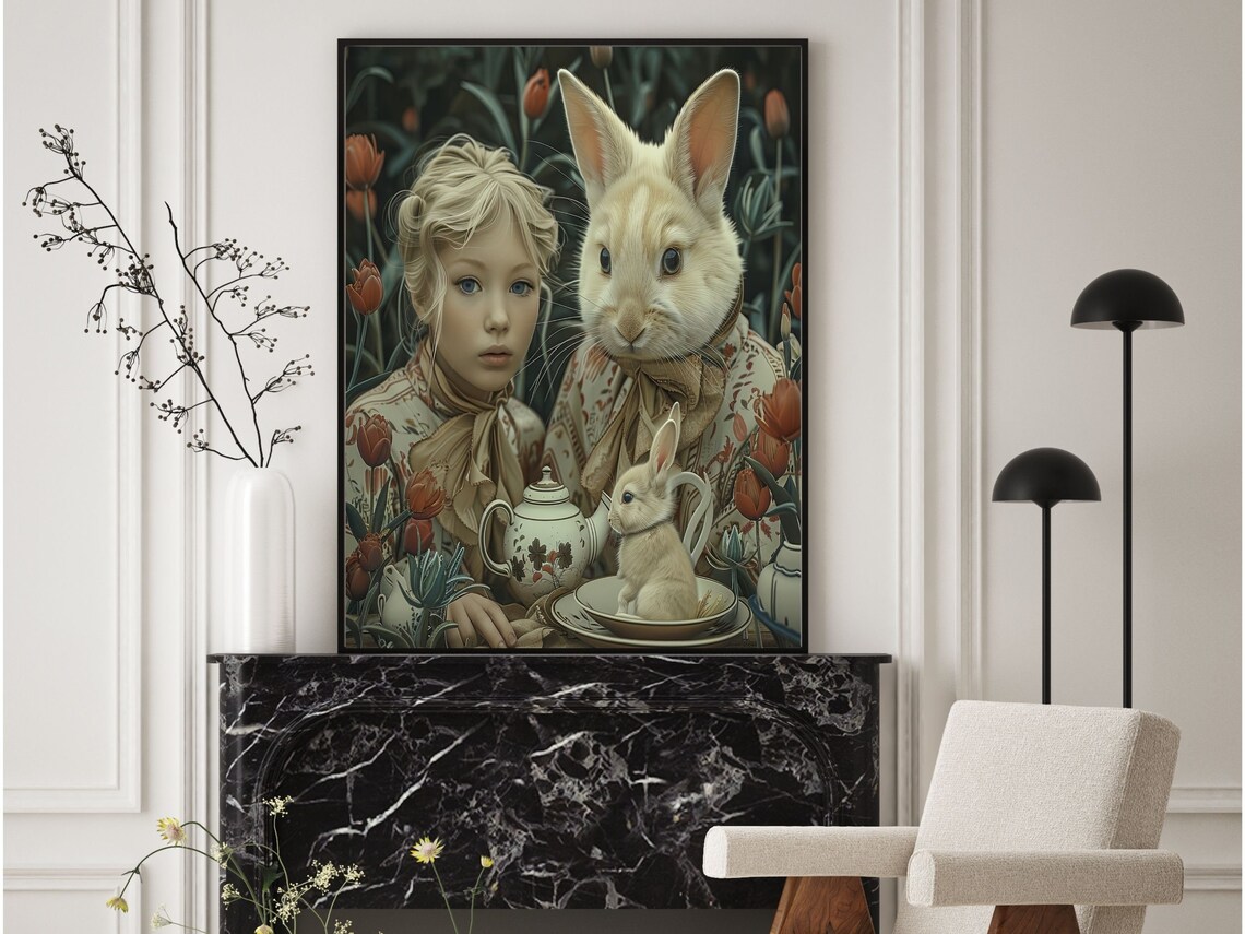 Blonde Girl And Tall White Rabbit Tulip Garden Tea Party Wall Art - Image 2