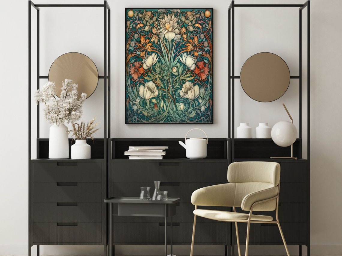 Indigo Botanical Art With White And Coral Flowers Pattern Poster - Image 6