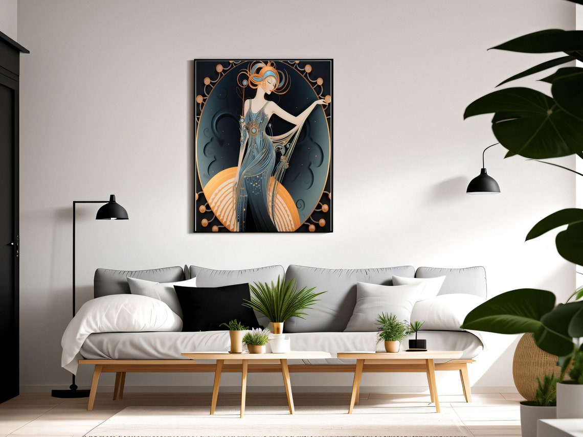 Art Deco Woman In Blue Gown With Crescent Moon Scene Wall Art - Image 2