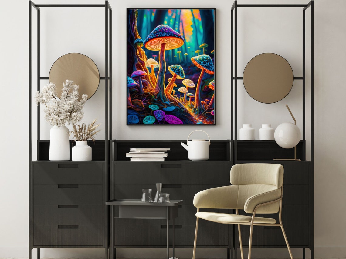 Neon Psychedelic Mushroom Forest With Glowing Blue Spotted Caps Poster - Image 6