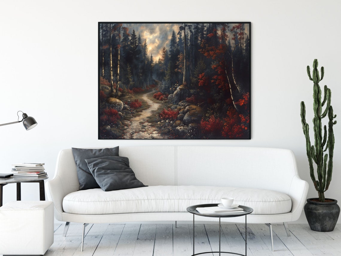Moody Red Autumn Forest Path Through Dark Birch Woods Poster - Image 2